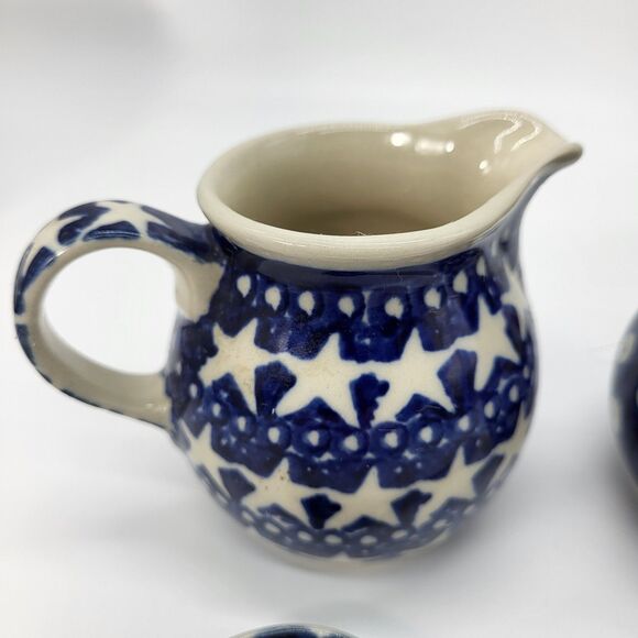 Boleslawiec Polish Pottery Stars & Blue Dot Design Small Creamer Set with Spoon - Picture 4 of 14